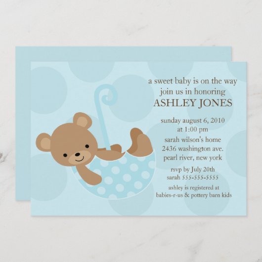 甘いくまの傘の男の子のベビーシャワーの招待状 招待状 (正面/裏面)