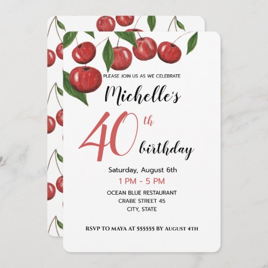 甘いさくらんぼウォーターカラーハンド絵を描 招待状 (正面/裏面)