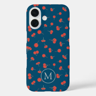 甘いさくらんぼパターンオンダークブルーモノグラム iPhone 16ケース