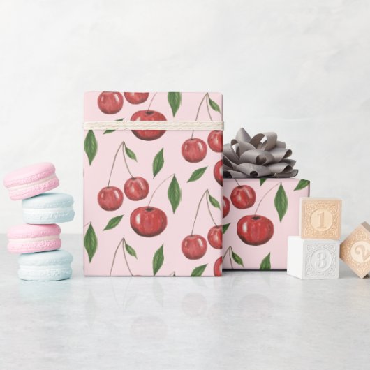 甘いさくらんぼ水彩イラストレーション模様 ラッピングペーパー (ベビーシャワー)