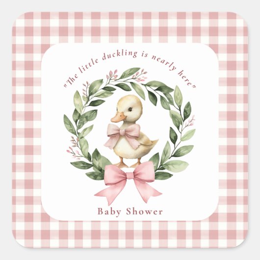 甘いアヒル赤ちゃんシャワーピンクのギンガムステッカー スクエアシール (正面)
