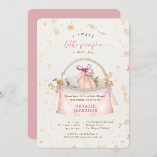 甘いエレガントピンクの小さなかぼちゃの赤ちゃんシャワーを弓 招待状 (正面/裏面)
