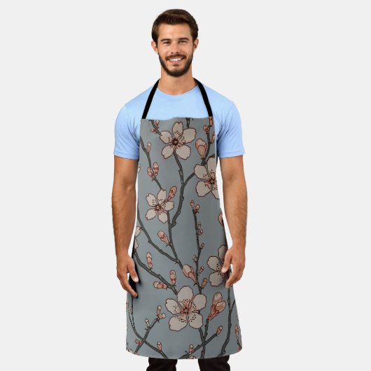 甘いエレガントピンクの花のさくらんぼ模様 エプロン (着用した状態)