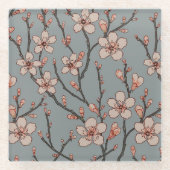 甘いエレガントピンクの花のさくらんぼ模様 ガラスコースター (正面)