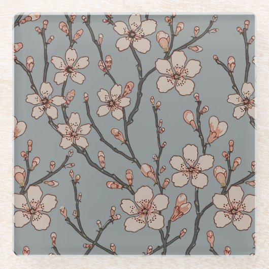 甘いエレガントピンクの花のさくらんぼ模様 ガラスコースター (正面)