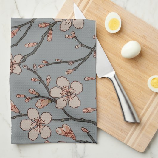 甘いエレガントピンクの花のさくらんぼ模様 キッチンタオル (四つ折り)