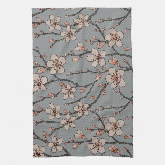 甘いエレガントピンクの花のさくらんぼ模様 キッチンタオル (縦)