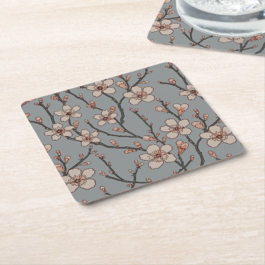 甘いエレガントピンクの花のさくらんぼ模様 スクエアペーパーコースター (アングル)