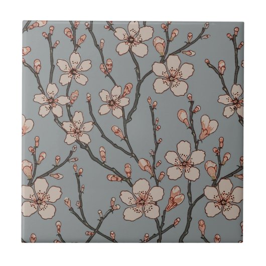 甘いエレガントピンクの花のさくらんぼ模様 タイル (正面)