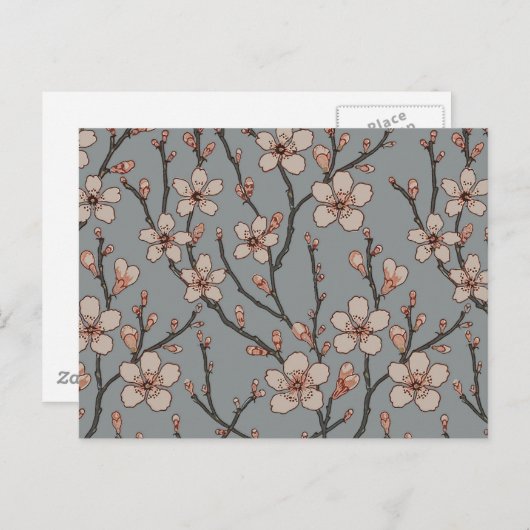 甘いエレガントピンクの花のさくらんぼ模様 ポストカード (正面/裏面)