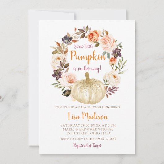 甘いエレガント小さなかぼちゃの赤ちゃんシャワー 招待状 (正面)