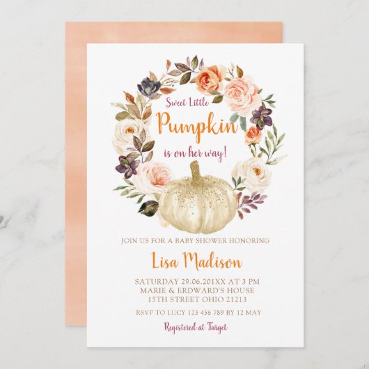 甘いエレガント小さなかぼちゃの赤ちゃんシャワー 招待状 (正面/裏面)