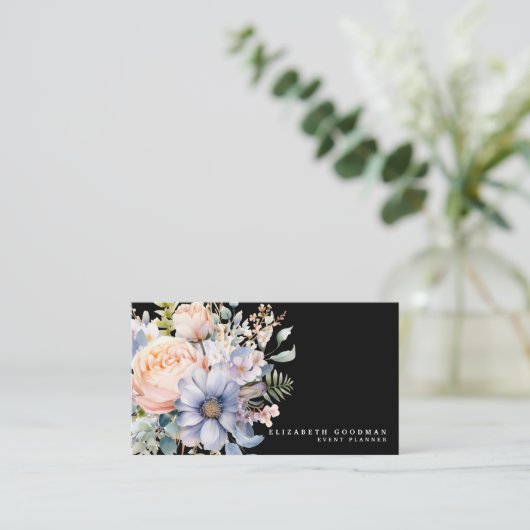 甘いエレガント花ブラックビジネスカード 名刺 (スタンド正面)