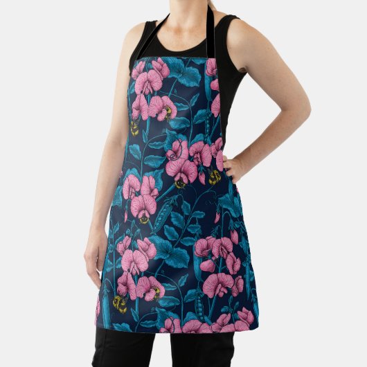 甘いエンドウ豆と(昆虫)マルハナバチ、ピンクとブルー エプロン (インサイチュ)