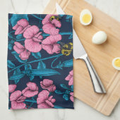 甘いエンドウ豆と(昆虫)マルハナバチ、ピンクとブルー キッチンタオル (四つ折り)