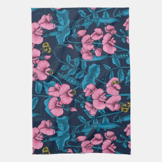 甘いエンドウ豆と(昆虫)マルハナバチ、ピンクとブルー キッチンタオル (縦)