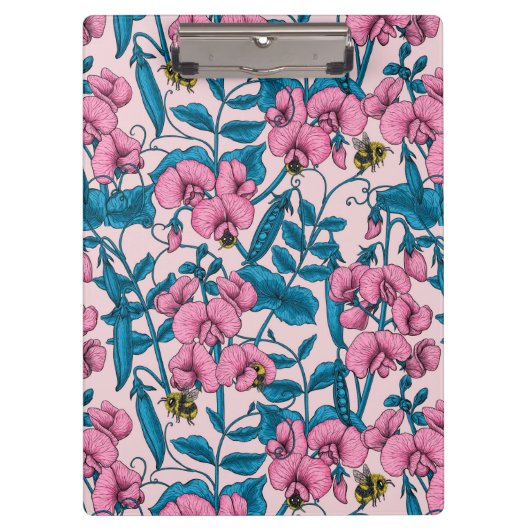 甘いエンドウ豆と（昆虫）マルハナバチ、ピンクとブルー クリップボード (正面)