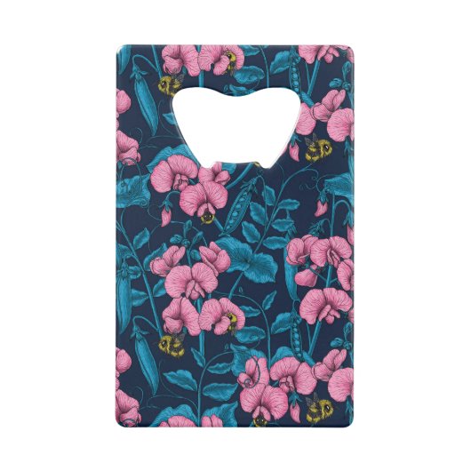 甘いエンドウ豆と（昆虫）マルハナバチ、ピンクとブルー クレジットカード栓抜き (正面)