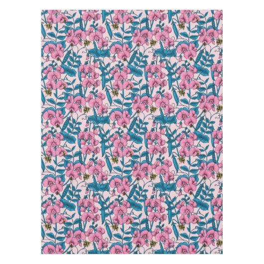 甘いエンドウ豆と（昆虫）マルハナバチ、ピンクとブルー テーブルクロス (正面)