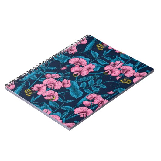 甘いエンドウ豆と(昆虫)マルハナバチ、ピンクとブルー ノートブック (左側)