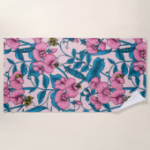 甘いエンドウ豆と（昆虫）マルハナバチ、ピンクとブルー ビーチタオル (正面)