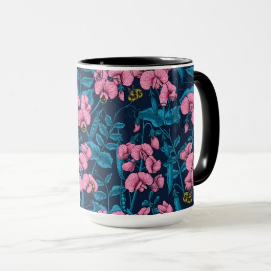 甘いエンドウ豆と(昆虫)マルハナバチ、ピンクとブルー マグカップ (正面右)