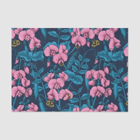 甘いエンドウ豆と（昆虫）マルハナバチ、ピンクとブルー 薄葉紙 (正面)