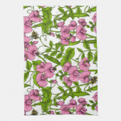 甘いエンドウ豆と（昆虫）マルハナバチ、ピンク、緑と白 キッチンタオル (縦)