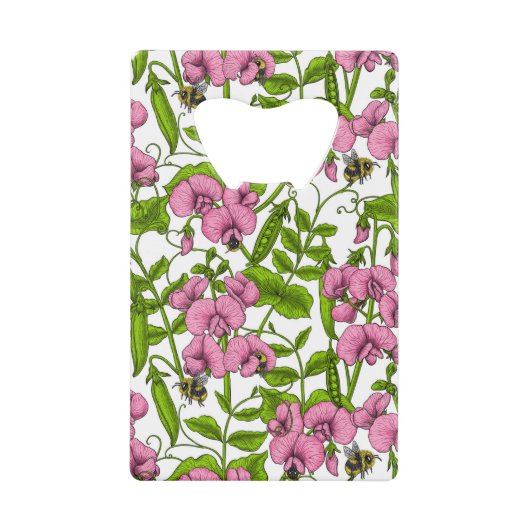 甘いエンドウ豆と（昆虫）マルハナバチ、ピンク、緑と白 クレジットカード栓抜き (正面)