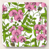 甘いエンドウ豆と（昆虫）マルハナバチ、ピンク、緑と白 コースター (正面)