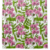 甘いエンドウ豆と（昆虫）マルハナバチ、ピンク、緑と白 シャワーカーテン (正面)