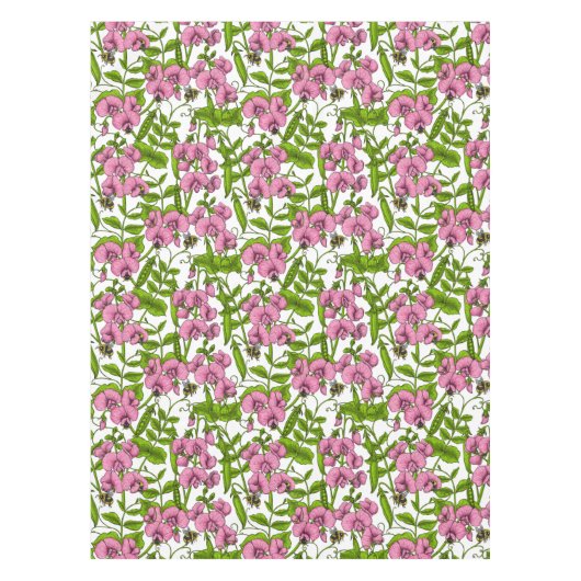 甘いエンドウ豆と（昆虫）マルハナバチ、ピンク、緑と白 テーブルクロス (正面)