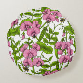 甘いエンドウ豆と(昆虫)マルハナバチ、ピンク、緑と白 ラウンドクッション (裏面)