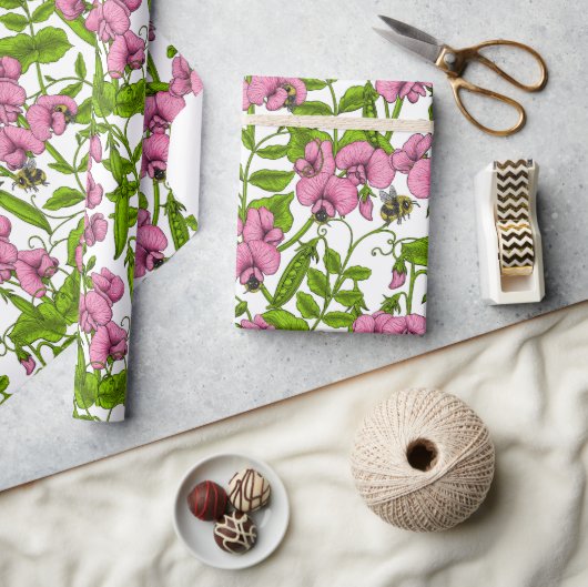 甘いエンドウ豆と（昆虫）マルハナバチ、ピンク、緑と白 ラッピングペーパー (クラフト)