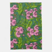 甘いエンドウ豆と（昆虫）マルハナバチ、緑とピンク キッチンタオル (縦)