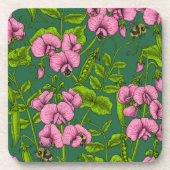 甘いエンドウ豆と（昆虫）マルハナバチ、緑とピンク コースター (正面)