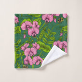 甘いエンドウ豆と(昆虫)マルハナバチ、緑とピンク バスタオルセット (ウォッシュタオル)