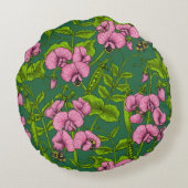 甘いエンドウ豆と（昆虫）マルハナバチ、緑とピンク ラウンドクッション (裏面)