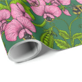 甘いエンドウ豆と（昆虫）マルハナバチ、緑とピンク ラッピングペーパー (ロールコーナー)