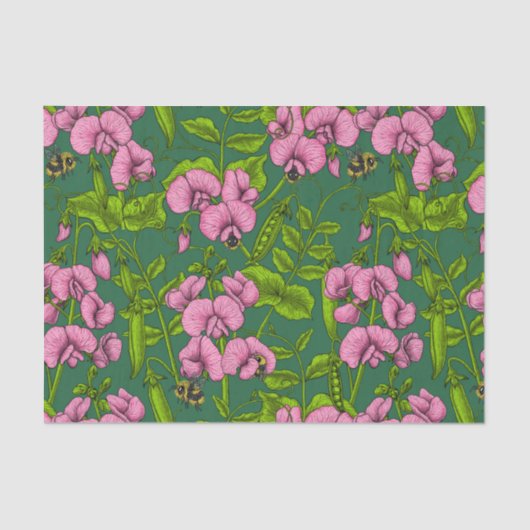 甘いエンドウ豆と（昆虫）マルハナバチ、緑とピンク 薄葉紙 (正面)