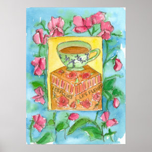甘いエンドウ豆のカップのお茶の絵画水色 ポスター
