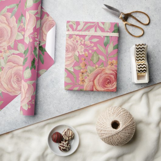 甘いオレンジ色のライトと赤面バラ水色 ラッピングペーパー (クラフト)