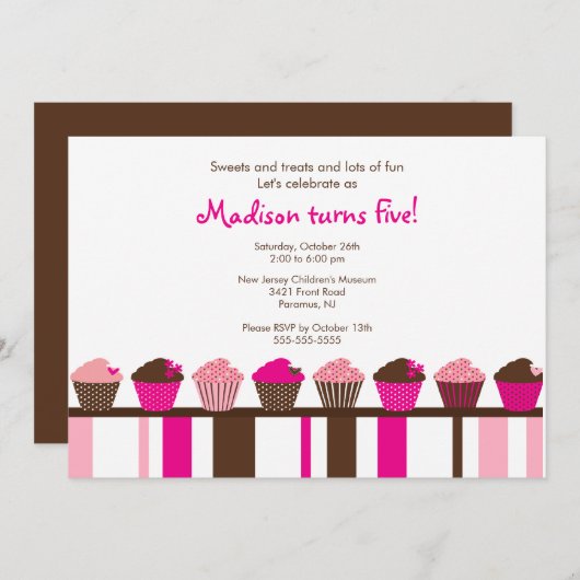 甘いカップケーキの誕生日の招待状 招待状 (正面/裏面)