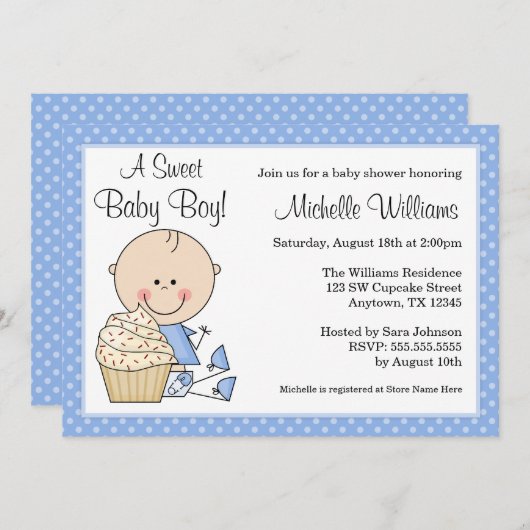 甘いカップケーキの青い水玉模様の男の子のベビーシャワー 招待状 (正面/裏面)