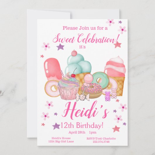 甘いカップケーキ，アイスクリーム誕生日，任意の年齢 招待状 (正面)