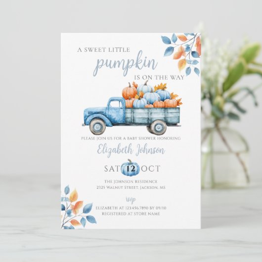 甘いカボチャの青い男の子の赤ちゃんシャワー 招待状 (スタンド正面)