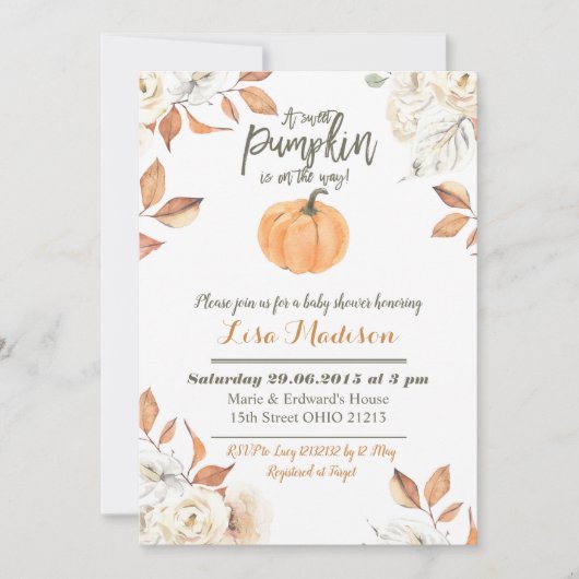 甘いカボチャは方法ベビーシャワーの招待にあります 招待状 (正面)