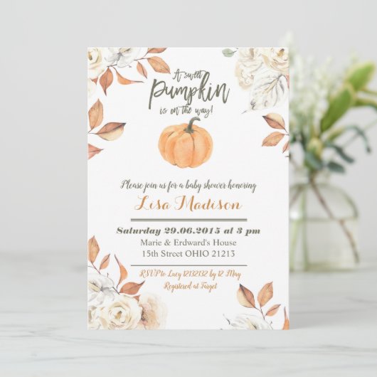 甘いカボチャは方法ベビーシャワーの招待にあります 招待状 (スタンド正面)