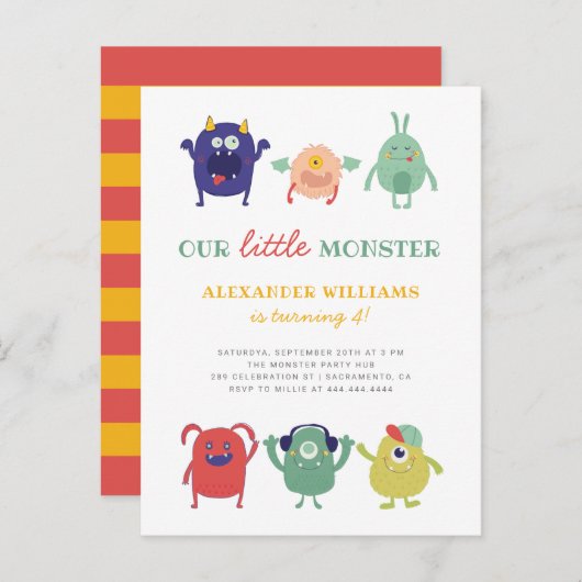 甘いカラフルな小さいモンスターの子供の誕生日 インビテーションポストカード (正面/裏面)
