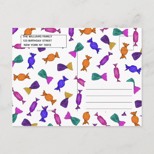 甘いガーリーキャンディカラフルバースデーパーティー インビテーションポストカード (裏面)